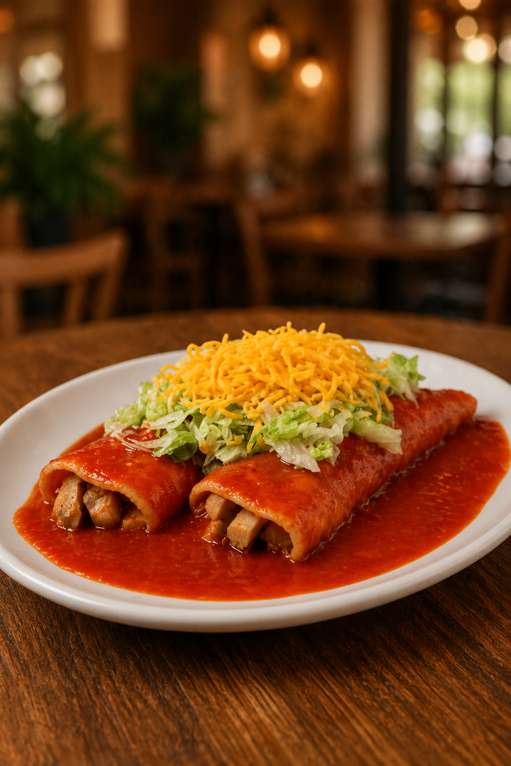 Memos enchiladas covered with house sauce, crema and fresh toppings