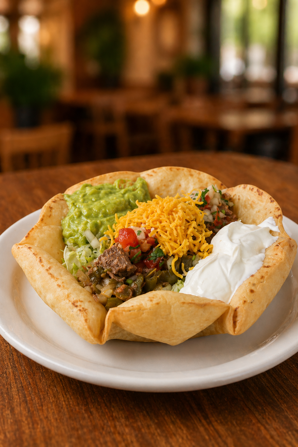 Memos taco bowl layered with rice, protein, salsa and fresh toppings
